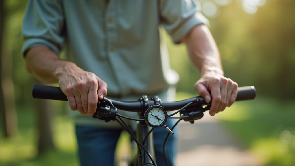 Seniora rokas velosipēda riepas un bremžu pārbaudē, rūpīgi un adekvāti